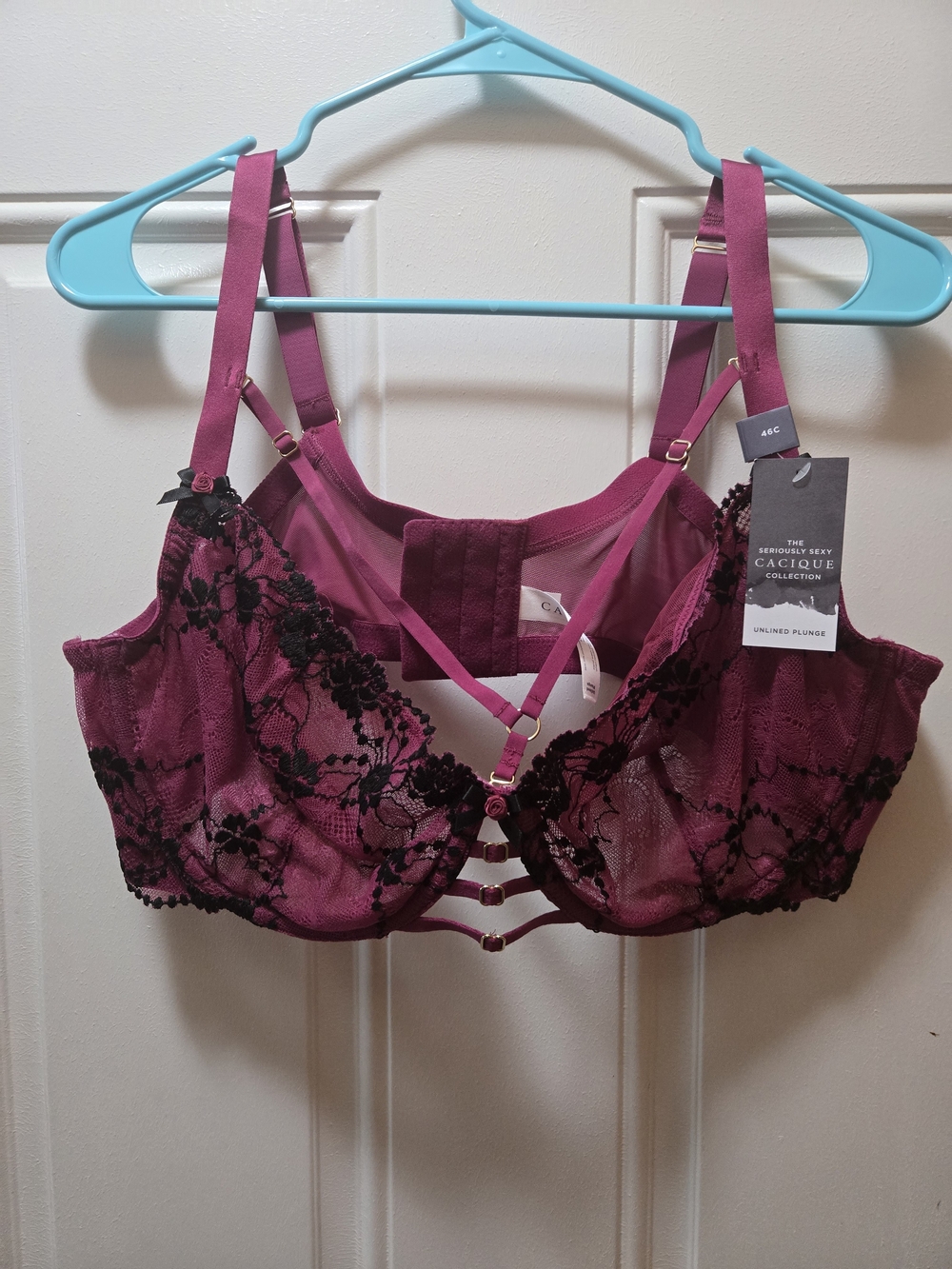 Cacique Magenta Lace Unlined Plunge Bra with Black Floral Overlay
